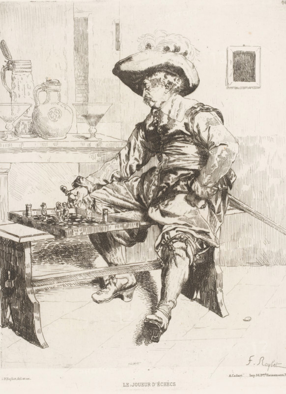 Le joueur d'échecs, Chess player, French etchings from 1875, L'eau-forte en 1875, print, Series number, 36, 40, collector's mark: 'AFE v S', printmaker: Ferdinand Roybet, after design by Ferdinand Roybet, publisher: Alfred Cadart, Paris, 1875, Ferdinand Roybet, Alfred Cadart, printmaker, publisher, paper, etching, drypoint, intaglio printmaking technique, height 261 mm x width 196 mm, chess, A seated man wearing a broad, feathered hat and loose, layered clothing occupies the foreground, one leg crossed over the other and one hand resting on his hip while the other reaches toward a tabletop game board; his facial hair and curly hair under the hat are visible. The table holds a game board with small figurines, and nearby are a jug, a lidded pitcher, and two stemmed glass vessels. A simple framed square hangs on the wall behind the man, and a bench or ledge is visible beneath the table. The image is rendered in fine, detailed line work with a restrained palette.
