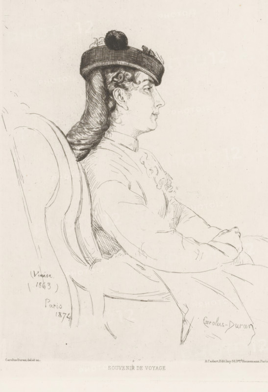 Souvenir de voyage, Portrait of an unknown woman from Venice, L'eau-forte en 1875, French etchings from 1875, print, Series number, 37, 40, collector's mark: 'AFE v S', printmaker: Emile Auguste Carolus-Duran, publisher: Alfred Cadart, Paris, 1875, paper, etching, drypoint, intaglio printmaking technique, height 257 mm x width 200 mm, historical persons not known by name - BB - woman, sitting figure - AA - female human figure, Venice, A seated woman is shown in profile facing right, wearing a rounded hat with a pompom and a long veil or fabric draped down her back; her hair is visible in short curls at the temple and behind the ear. She wears a high-collared dress with a decorative element at the chest and her hands rest in her lap. The chair back behind her has curved lines and the drawing is rendered in fine, sketch-like ink strokes on a pale background.