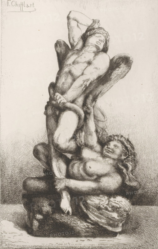 Naked man captured by snake and naked woman, Les liens du mal, L'eau-forte en 1875, French etching from 1875, print, Series number, 39, 40, collector's mark: 'AFE v S', printmaker: François Nicolas Chifflart, publisher: Alfred Cadart, Paris, 1875, paper, etching, drypoint, intaglio printmaking technique, height 290 mm x width 196 mm, snakes, the (nude) human figure, 'Corpo humano' (Ripa), A detailed monochrome etching of two intertwined human figures arranged vertically, the upper figure leaning back with a head tilted upward and an arm bent behind the head, the lower figure cradling and supporting the upper figure while reclining with a serene facial expression and long curly hair; both figures are rendered with fine crosshatching to show musculature and shading, and the composition includes a draped cloth around the lower figure and textured wings or winglike forms behind the upper figure, all set against a plain background with areas of linear shading.