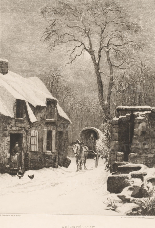 À Médan près Poissy, Village in the snow, French etchings from 1876, L'eau-forte en 1876, print, Series number, 12, 30, collector's mark: 'AFE v S', watermark, printmaker: Charles-Joseph Beauverie, publisher: widow Alfred Cadart, Paris, 1876, paper, etching, drypoint, intaglio printmaking technique, height 322 mm x width 241 mm, snow, village, Médan, A snowy village scene rendered in fine pen lines shows a thatched cottage with snow on its roof and shutters on its windows, a person standing in the doorway, and a few chickens on the snow-covered ground. A large bare tree rises beside a stone archway through which a horse pulling a cart is being led by a figure seated on the vehicle. Stone structures and low walls dusted with snow frame the right side of the scene, and distant bare trees form a textured background under a cloudy sky.