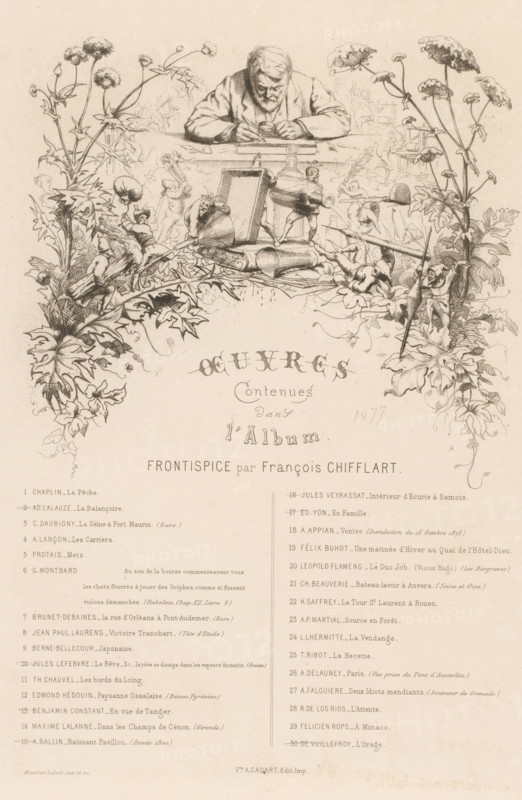 Etcher at work surrounded by fantasy creatures, Oeuvres contenues dans l'Album, French etchings from 1877, L'eau-forte en 1877, print, collector's mark: 'AFE v S', printmaker: Maurice Leloir, after design by Maurice Leloir, publisher: widow Alfred Cadart, Paris, 1877, widow Alfred Cadart, Maurice Leloir, printmaker, publisher, paper, etching, drypoint, height 322 mm x width 241 mm, portrait, self-portrait of graphic artist, spirit of the earth, gnome, troll, A sepia-toned illustration showing an older man leaning over a desk with his head bowed and hands near a small object, surrounded by ornate botanical drawings with large flowering plants and leaves framing the scene, small playful miniature figures interacting with oversized art tools and books scattered on the desk, decorative foliage entwined with tiny human figures and instruments extending downwards, and a block of printed columns of text below the central illustration.