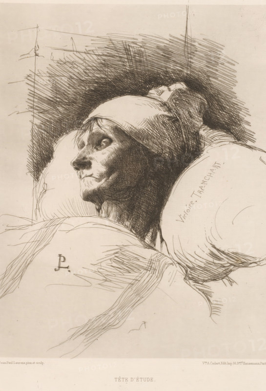 Tête d'étude, Victoire Tranchart on her deathbed, French etchings from 1877, L'eau-forte en 1877, print, collector's mark: 'AFE v S', printmaker: Jean Paul Laurens, after design by Jean Paul Laurens, publisher: widow Alfred Cadart, Paris, 1877, Jean Paul Laurens, widow Alfred Cadart, printmaker, publisher, paper, etching, drypoint, intaglio printmaking technique, height 280 mm x width 198 mm, Person, Victoire Tranchart, historical persons - BB - woman, old woman, deathbed, lying figure - AA - female human figure, A detailed pen-and-ink drawing of a person’s head and shoulders viewed in profile, the face turned upward and to the left, with pronounced shading and crosshatching defining the cheekbones, nose, and eye sockets; the figure wears a cap with a soft rounded top and a gathered back, and is surrounded by voluminous folds of fabric or cushions that frame the head; dense diagonal and circular hatch marks fill the background behind the head, while lighter, sketchy lines suggest drape...