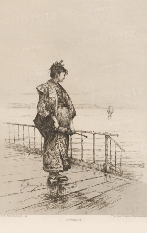 Japonaise, Standing woman in Japanese dress, L'eau-forte en 1877, French etching from 1877, print, collector's mark: 'AFE v S', printmaker: Etienne Prosper Berne-Bellecour, publisher: widow Alfred Cadart, Paris, 1877, paper, etching, drypoint, intaglio printmaking technique, height 280 mm x width 198 mm, adult woman, water course, parasol, sunshade, Japanese (costume), A monochrome sketch of a woman standing on a wooden deck beside a railing, shown in profile facing right and wearing a patterned robe with wide sleeves and an obi tied at her waist, her hair arranged with several sticks and curls, hands holding a folded parasol that rests against the railing, wooden sandals on her feet, faint reflections of her feet on the wet planks, a distant small boat visible on calm water beyond the railing, and simple horizon lines in the background.