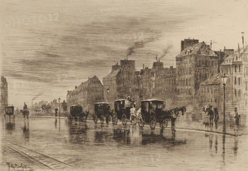 A matinée d'hiver au quai de l'Hôtel Dieu, Street view in the rain, L'eau-forte en 1877, French etchings from 1877, print, collector's mark: 'AFE v S', printmaker: Félix Hilaire Buhot, publisher: widow Alfred Cadart, Paris, 1877, paper, etching, drypoint, intaglio printmaking technique, height 237 mm x width 319 mm, four-wheeled vehicle drawn by one animal, city-view, and landscape with man-made constructions, rain, Hôtel-Dieu (Paris), A sepia-toned city street scene rendered in fine lines showing a wet reflective roadway with horse-drawn carriages lined along the curb, drivers seated on some of the carriages, and horses standing beside them. Tall blocky buildings with varied rooflines and chimneys form a dense background, with smoke rising from several chimneys into a heavily hatched sky. Street lamps line the sidewalk and a few pedestrians with umbrellas walk along the wet pavement, their reflections visible on the surface. The overall image emphasizes linear crosshatching and reflec...