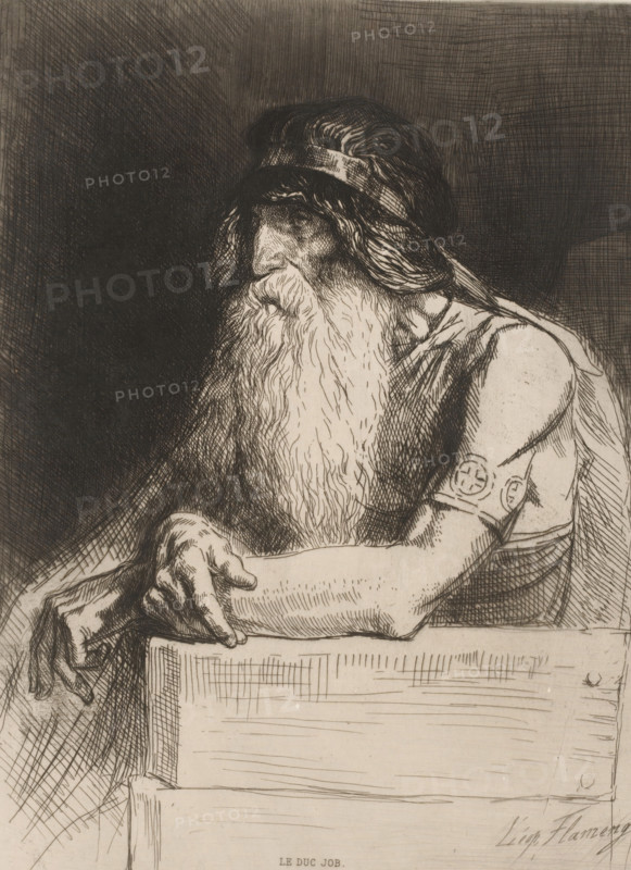 Hertog Job, Le duc Job, L'eau-forte en 1877, French etchings from 1877, print, collector's mark: 'AFE v S', printmaker: Léopold Flameng (signed by artist), publisher: widow Alfred Cadart, Paris, 1877, paper, etching, drypoint, intaglio printmaking technique, height 319 mm x width 236 mm, ranks, rulers, sovereigns, old man, A monochrome etched image of an elderly bearded man in profile leaning on a block, wearing a hooded garment with a heavy, textured beard cascading over his chest and a band across his forehead, his visible arm resting on the block with a circular patterned band around the upper arm, his hands folded over the edge, the background densely crosshatched and dark behind his head while the lower area and block show lighter, linear etching.