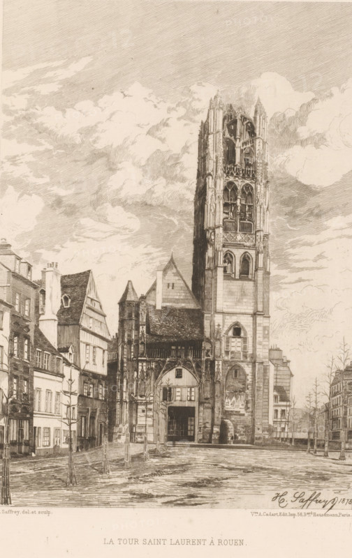 View of the tower of Saint-Laurent in Rouen, La tour saint Laurent à Rouen, French etching from 1877, L'eau-forte en 1877, print, collector's mark: 'AFE v S', printmaker: Henri Alexandre Saffrey, publisher: widow Alfred Cadart, Paris, 1877, paper, etching, drypoint, intaglio printmaking technique, height 281 mm x width 200 mm, tower, clock tower, monumental adornment, Rouen, A detailed pen-and-ink scene shows a tall, ornate stone tower with Gothic arches and open tracery rising above a cluster of adjoining buildings, the tower's facade featuring pointed windows and decorative stonework while the lower entrance sits beneath an archway; surrounding the tower are narrow, multi-story houses with steeply pitched roofs, timber framing, and chimneys, lining a broad plaza that has young leafless trees supported by stakes; the sky above is filled with textured, swirling clouds rendered with fine hatching, and the foreground pavement shows linear shading and subtle irregularities.