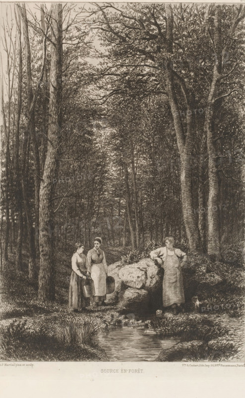 Two women and a man at a source, Source en forêt, French etchings from 1877, L'eau-forte en 1877, print, collector's mark: 'AFE v S', printmaker: Adolphe Martial Potémont, publisher: widow Alfred Cadart, Paris, 1877, paper, etching, drypoint, intaglio printmaking technique, height 278 mm x width 197 mm, forest, wood, spring, source of river or stream, A detailed black and white etching of a forest clearing with tall trees and dense foliage rising on either side and forming a canopy overhead, a small stream in the foreground bordered by grass and rocks, a large mossy rock beside the stream, and three women standing near the rock wearing long dresses and aprons, two of them holding metal buckets and the third leaning with her hands on her hips beside a jug placed on the ground.