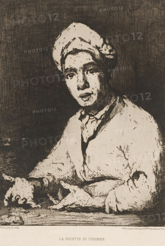 Young chef explaining a recipe, La recette du cuisinier, L'eau-forte en 1877, French etching from 1877, print, collector's mark: 'AFE v S', printmaker: Théodule Augustin Ribot, publisher: widow Alfred Cadart, Paris, 1877, paper, etching, drypoint, intaglio printmaking technique, height 267 mm x width 182 mm, cook, A monochrome etching shows a person seated at a table wearing a wrapped head covering and a loose, light-colored garment with a dark collar or scarf; the face is rendered with dark lines and shading, showing eyes looking forward and slightly parted lips, with detailed line work indicating facial features and hair under the head covering. The person's arms rest on the table, hands extended forward with fingers visible and detailed crosshatching on sleeves and hands. A small animal, appearing to be a cat, lies on the table near the hands with its body and face outlined in the same etched style. The background is filled with dense vertical and horizontal hatch marks creating a t...