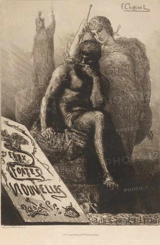 Eaux Fortes Nouvelles, Title print with allegory on printmaking, French etchings from 1878, L'eau-forte en 1878, print, title print, watermark, collector's mark: 'AFE v S', printmaker: François Nicolas Chifflart, publisher: widow Alfred Cadart, Paris, 1878, paper, etching, drypoint, intaglio printmaking technique, height 298 mm x width 214 mm, production of printed matter, book-production, A sepia-toned etching shows a seated nude male figure leaning forward with his head resting on one hand and his elbow on his knee, his body rendered with dense crosshatching; behind him an ethereal robed female figure stands close, one arm raised and the other draped around his shoulders, her hair tied with flowing ribbons and a long staff held above her head; to the left a tall statue-like figure on a pedestal raises an arm, and in the lower left a decorative angled panel with ornate embellishments occupies the foreground.