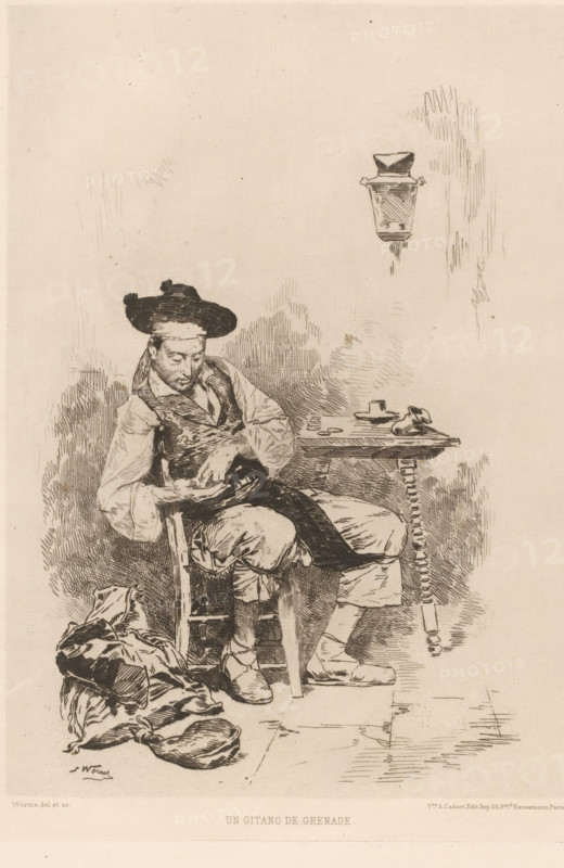 Un gitano de Grenade, Money counting man, French etching from 1878, L'eau-forte en 1878, print, Series number, 2, 30, collector's mark: 'AFE v S', watermark, printmaker: Jules Worms, publisher: widow Alfred Cadart, Paris, 1878, paper, etching, drypoint, intaglio printmaking technique, height 275 mm x width 198 mm, money, A seated man wearing a wide-brimmed hat with small tufts and loose clothing leans forward in a wooden chair, looking down at his hands while one hand holds a small object; he has a vest over a shirt with rolled sleeves and loose trousers tucked into simple footwear. Beside him a table with turned legs holds a small cup and saucer and scattered round items, and a wall-mounted lantern is visible above the table. On the floor near the man's feet there is a tied bundle and a bag, and the background shows shaded, sketch-like foliage and wall textures.