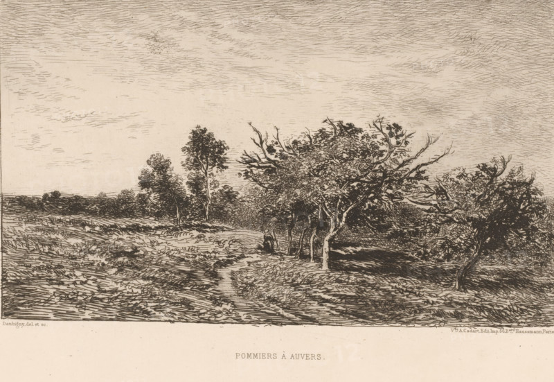 Landscape with apple trees, Pommiers à Auvers, French etchings from 1878, L'eau-forte en 1878, print, Series number, 3, 30, watermark, collector's mark: 'AFE v S', printmaker: Charles-François Daubigny, publisher: widow Alfred Cadart, Paris, 1878, paper, etching, drypoint, intaglio printmaking technique, height 198 mm x width 278 mm, landscapes, trees: apple-tree, Auvers-sur-Oise, A monochrome etching shows a rural scene with an open field in the foreground, a dirt path winding toward a cluster of trees, and dense foliage occupying the midground; several trees have detailed trunks and branches, some with leafy canopies and others with sparser limbs, and a small figure sits or stands near the tree line; the sky above is filled with fine horizontal hatch marks suggesting cloud texture, and the lower margin contains a blank pale strip.
