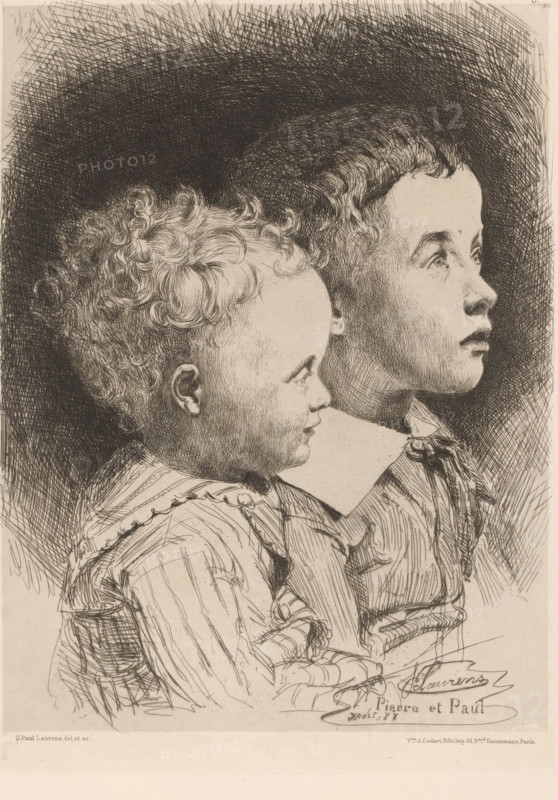 Pierre et Paul, Portrait of Jean Pierre and Paul Albert Laurens, French etchings from 1878, L'eau-forte en 1878, print, Portrait of two boys, the artist's sons., collector's mark: 'AFE v S', watermark, printmaker: Jean Paul Laurens, after design by Jean Paul Laurens, publisher: widow Alfred Cadart, Paris, 1878, Jean Paul Laurens, widow Alfred Cadart, printmaker, publisher, paper, etching, drypoint, intaglio printmaking technique, height 277 mm x width 198 mm, Person, Jean Pierre Laurens, Paul Albert Laurens, historical persons, boy (child between toddler and youth), toddler (male), brothers (second degree family relationships), A detailed black and white line drawing of two children in profile, one younger with curly hair and a round face positioned slightly in front of an older child with straighter hair and a longer face, both facing to the right; intricate crosshatching creates a dark background halo around their heads and fine lines define facial features, hair texture, and clothin...