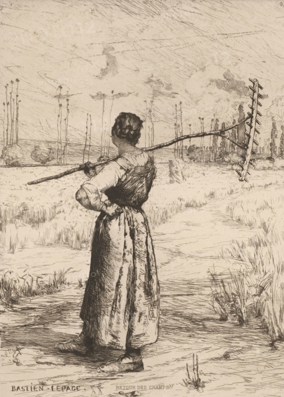 Woman with rake in field, Return of the fields, French etchings from 1878, Water-based in 1878, print, Series number, 9, 30, collector's mark: 'AFE v S', watermark, printmaker: Jules Bastien-Lepage, after design by Jules Bastien-Lepage, publisher: widow Alfred Cadart, Paris, 1878, Jules Bastien-Lepage, widow Alfred Cadart, printmaker, publisher, paper, etching, drypoint, intaglio printmaking technique, height 277 mm x width 199 mm, agricultural implements: rake, A sepia-toned etching shows a woman seen from behind standing in a field, wearing a long dress with a fitted bodice and rolled sleeves, her hair gathered at the back of her head. She holds a long pole across her shoulders with one hand, the pole extending outward and ending in a ladderlike rake. The landscape around her is flat with tufts of grass and narrow paths, scattered low bushes, and thin tall trees with bare trunks reaching into a sky filled with wispy clouds and fine hatch marks. The ground near her feet shows textured...