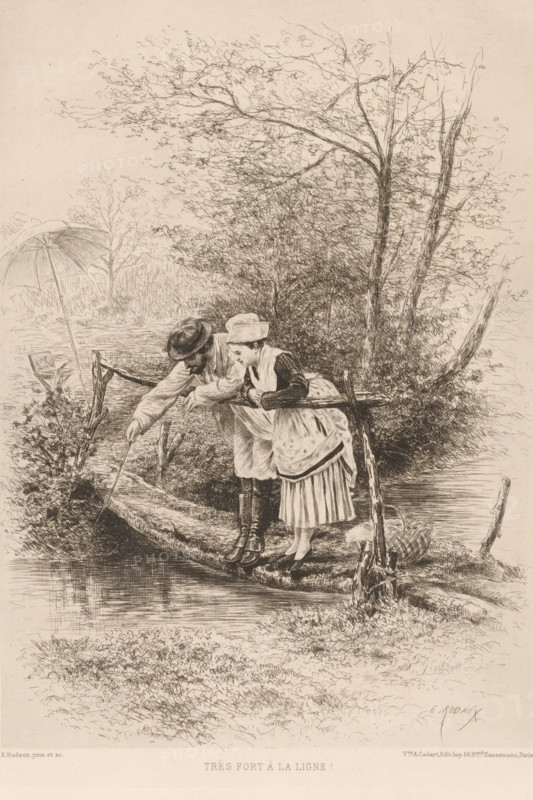 Forest landscape with fishing couple, Très fort à la ligne, French etching from 1878, L'eau-forte en 1878, print, watermark, collector's mark: 'AFE v S', printmaker: Edmond Adolphe Rudaux, publisher: widow Alfred Cadart, Paris, 1878, paper, etching, drypoint, intaglio printmaking technique, height 278 mm x width 197 mm, angling, couple of lovers, forest, wood, A sepia-toned ink drawing shows a man and a woman standing on a narrow log bridge over calm water, leaning forward and peering down toward the surface; the man wears a hat and boots and extends a stick into the water while the woman stands beside him wearing a bonnet, apron, and layered skirt, holding the wooden railing. Behind them, dense trees and bushes fill the background with detailed branches and leaves, and a parasol and a folding chair sit on the far bank. The foreground shows textured grass and foliage, and reflections appear on the water beneath the log.