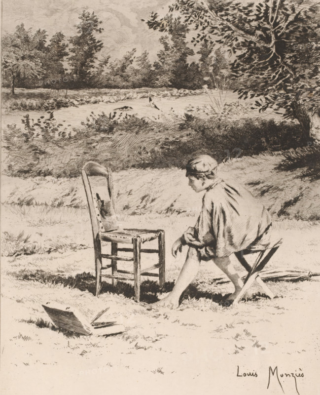 Painter's model looks at a painting, L'opinion du modèle, French etchings from 1878, L'eau-forte en 1878, print, Seated boy looks at a painting for which he served as a model., watermark, collector's mark: 'AFE v S', printmaker: Louis Monziès, publisher: widow Alfred Cadart, Paris, 1878, paper, etching, drypoint, intaglio printmaking technique, height 316 mm x width 237 mm, working situations, painter - CC - out of doors, model, sitter, painting - CC - out of doors, A monochrome sketch showing a grassy outdoor scene with trees and shrubbery in the background, a young person seated on a folding stool facing a simple wooden chair, the person wearing loose clothing and a cap and leaning forward with one hand extended toward the chair, a wooden chair with visible slats and a worn seat positioned between the person and the open grassy area, an artist's sketchbook and drawing tools lying on the ground nearby, and a large tree with detailed foliage framing the right side of the composition.