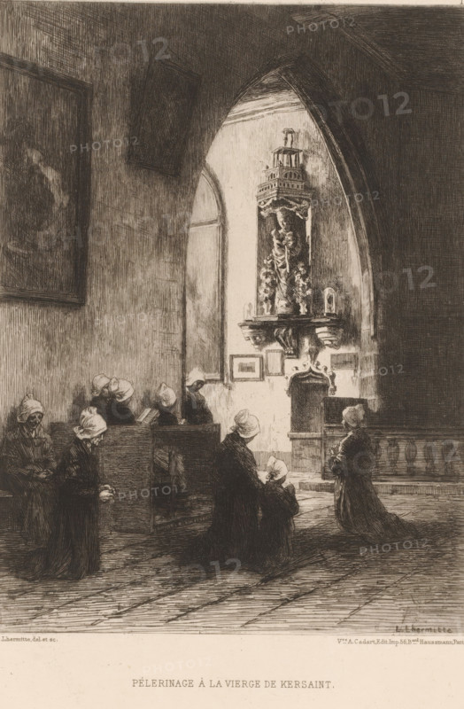 Pélerinage à la Vierge de Kersaint, Women praying in a church, French etching from 1878, L'eau-forte en 1878, print, Series number, 17, 30, collector's mark: 'AFE v S', watermark, printmaker: Léon Augustin Lhermitte, publisher: widow Alfred Cadart, Paris, 1878, paper, etching, drypoint, intaglio printmaking technique, height 282 mm x width 201 mm, interior of church, female saints, pilgrimage, pilgrim(s) under way, A dimly lit interior shows a high arched opening revealing a sculpted niche with an ornate statue elevated on a decorated ledge, flanked by a small alcove and framed pictures on the wall; wooden pews occupy the left foreground where seated figures wearing head coverings sit or kneel in various postures, some holding books, while a few standing and kneeling figures in similar attire face the statue; the floor is patterned with long planks and the walls are textured with fine vertical shading, and a large framed artwork hangs high on the left wall.