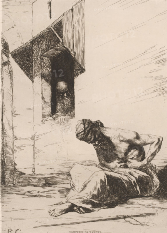 Sitting beggar in front of a house, Souvenir de Tangier, French etchings from 1878, L'eau-forte en 1878, print, Series number, 18, 30, collector's mark: 'AFE v S', watermark, printmaker: Benjamin Constant (1845-1902), publisher: widow Alfred Cadart, Paris, 1878, paper, etching, drypoint, intaglio printmaking technique, height 279 mm x width 199 mm, sitting on the ground, beggar, North Africa, Tangier, A detailed pen-and-ink scene shows a seated, partially draped male figure leaning forward with a cloth wrapped around his head and one arm across his abdomen, his bare feet extended toward the foreground and a long thin staff lying near them; to the left, a shadowed window or alcove contains a bearded head and hand peering out beneath an overhanging wooden canopy, while textured stone walls and architectural elements form the background and sparse linear marks fill the empty surrounding space.