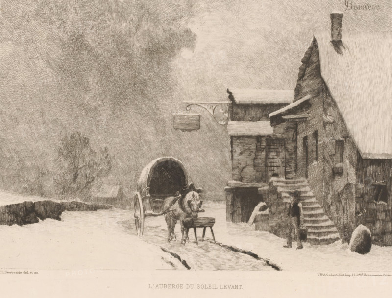 L'auberge du soleil levant, Inn in the snow, French etchings from 1878, L'eau-forte en 1878, print, Series number, 21, 30, watermark, collector's mark: 'AFE v S', printmaker: Charles-Joseph Beauverie, after design by Charles-Joseph Beauverie, publisher: widow Alfred Cadart, Paris, 1878, Charles-Joseph Beauverie, widow Alfred Cadart, printmaker, publisher, paper, etching, drypoint, intaglio printmaking technique, height 200 mm x width 277 mm, snow, hotel, hostelry, inn, two-wheeled vehicle drawn by one animal (accident, collision, crash, traffic and transport), A snowy street scene in a monochrome etching showing a carriage pulled by a horse stopped near the entrance of a multi-level building with steep roofs and a chimney, a man standing by the building at the foot of exterior stairs, another person near the carriage, a wooden sign hanging from an ornate bracket on the building, snow-covered ground and rooftops, bare trees in the background, and textured shading filling the sky and sur...