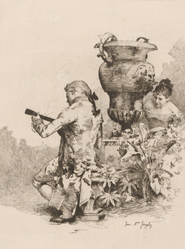 L'écoute, Man making music on a garden bench, French etchings from 1878, L'eau-forte en 1878, print, Series number, 29, 30, collector's mark: 'AFE v S', watermark, printmaker: Juan Antonio González, after design by Juan Antonio González, publisher: widow Alfred Cadart, Paris, 1878, Juan Antonio González, widow Alfred Cadart, printmaker, publisher, paper, etching, drypoint, intaglio printmaking technique, height 277 mm x width 199 mm, listening to music - CC - out of doors, garden vase, one person playing an instrument, A monochrome etching shows a seated man viewed from behind holding a long cylindrical object, wearing a coat with visible seams and a tied ribbon at the back of his head, his legs and shoe visible beneath a draped cloth; next to him is a large ornate urn with carved handles and a sculpted face on its side, set on a pedestal partly hidden by foliage; a woman with her hair up leans forward near the urn, her shoulders bare and her face turned toward the man; dense leafy pla...