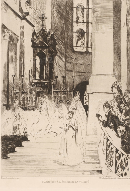 Communion à l'église de la Trinité, First Holy Communion in a church, French etching from 1878, L'eau-forte en 1878, print, Series number, 30, collector's mark: 'AFE v S', watermark, printmaker: Henri Gervex, after design by Henri Gervex, publisher: widow Alfred Cadart, Paris, 1878, Henri Gervex, widow Alfred Cadart, printmaker, publisher, paper, etching, drypoint, intaglio printmaking technique, height 279 mm x width 193 mm, first communion, interior of church, A sepia-toned interior scene of a church rendered in fine linework shows a procession of veiled figures moving toward an ornate altar area with tall candlesticks and a gilded tabernacle topped by a cross; a large window with segmented panes and faint decorative images admits light above the altar, and heavy architectural columns and carved railings frame the space. On the right, a group of onlookers leans over an intricately patterned balustrade, one person holding a small book, while a central figure in the foreground stands w...