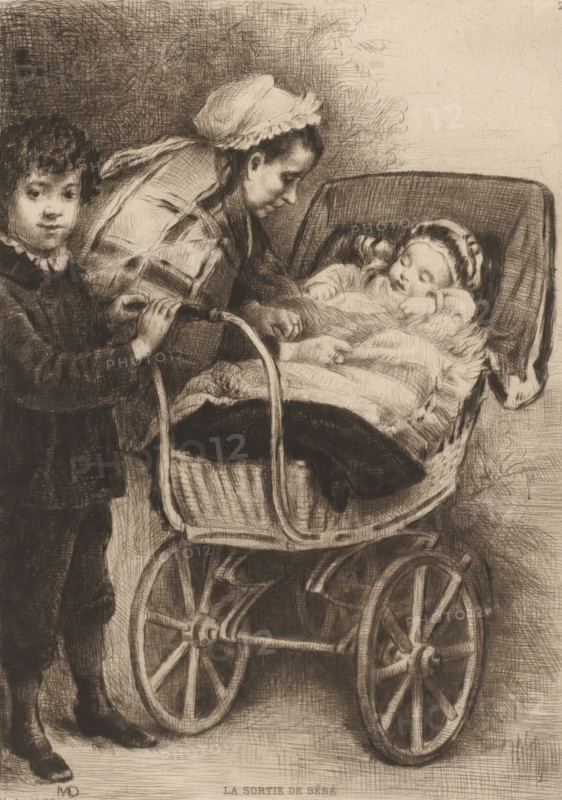 The baby's exit, Woman and boy with child in pram, French etchings from 1879, The water-forte in 1879, print, Series number, 2, 30, This probably depicts the artist's wife and two sons (Andre Mycho and Tchiquine)., collector's mark: 'AFE v S', printmaker: Marcellin Gilbert Desboutin, after design by Marcellin Gilbert Desboutin, publisher: widow Alfred Cadart, Paris, 1879, Marcellin Gilbert Desboutin, widow Alfred Cadart, printmaker, publisher, paper, etching, drypoint, intaglio printmaking technique, height 279 mm x width 198 mm, mother and child(ren), woman and child(ren) (family group), baby-carriage, pram, perambulator, A monochrome sketch showing a young woman leaning over a bassinet, her head covered with a ruffled cap and her hair pulled back, as she looks down toward a sleeping infant wrapped in a thick blanket inside the bassinet; a child stands beside them holding the bassinet handle and looking outward with curly hair and a collared garment; the bassinet rests on a wheeled un...