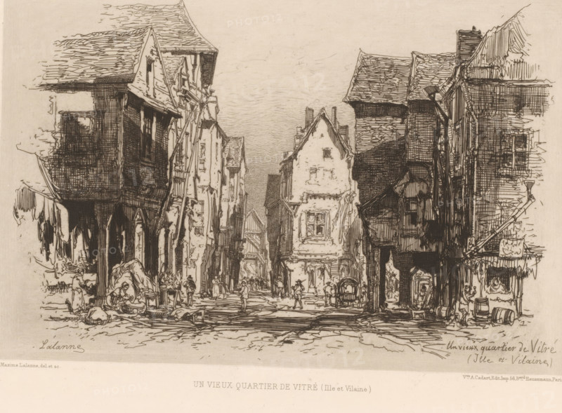 View of an old district of Vitré, Un vieux quartier de Vitré, L'eau-forte en 1879, French etching from 1879, print, Series number, 7, 30, collector's mark: 'AFE v S', watermark, printmaker: Maxime François Antoine Lalanne, publisher: widow Alfred Cadart, Paris, 1879, paper, etching, drypoint, intaglio printmaking technique, height 196 mm x width 277 mm, city-view in general, 'veduta', Vitré, A detailed monochrome etching of a narrow street flanked by tall, timber-framed buildings with steep, textured roofs and overhanging upper stories, showing visible wooden beams, shutters, and chimneys; the street is lined with small figures of people walking or standing, market stalls, carts, barrels, and scattered goods, with cobbled paving underfoot and shadows suggesting depth; the sky is lightly crosshatched, and the overall scene is rendered with fine, intricate linework and dense hatching to depict architectural details and street activity.