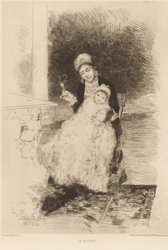 The lap, Woman with child on lap, French etchings from 1879, L'eau-forte en 1879, print, Series number, 8, 30, watermark, collector's mark: 'AFE v S', printmaker: Luis Jiménez y Aranda, publisher: widow Alfred Cadart, Paris, 1879, paper, etching, drypoint, intaglio printmaking technique, height 277 mm x width 190 mm, mother and baby or young child, rattle (child's toy), A monochrome etching showing a seated woman holding a baby on her lap, the woman wearing a head covering and a dark outer garment with a patterned collar and holding a small object between her fingers, the baby wrapped in a long, frilly gown and cap, both figures rendered with fine crosshatching against a densely hatched dark background, a wooden chair partially visible behind them and a patterned rug beneath, decorative carved furniture edge at the left and areas of linear floorboards and ornamental details around the lower edge.