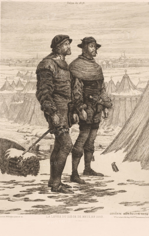 Two soldiers in a tent camp, La levée du siège de Metz en 1553, L'eau-forte en 1879, French etching from 1879, print, Series number, 10, 30, collector's mark: 'AFE v S', watermark, printmaker: Lucien-Étienne Mélingue, publisher: widow Alfred Cadart, Paris, 1879, paper, etching, drypoint, intaglio printmaking technique, height 277 mm x width 197 mm, (military) camp with tents, Two men stand side by side in period clothing, both wearing hats and layered garments with textured sleeves and leggings, one holding a sword at his side and the other with a sheathed weapon at his waist; their faces show beards and mustaches and they look outward. Behind them a landscape of tents of varying shapes fills the middle ground, with fabric folds and tent poles visible and small structures or rooftops beyond. The ground beneath the men's feet is uneven with patches of snow or rough textures and scattered pieces of wood or debris. The sky above is filled with horizontal line shading suggesting clouds or ...