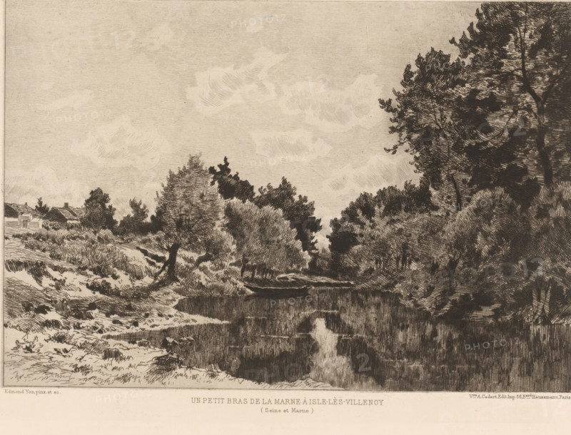 Forest landscape with river, Un petit bras de la Marne à Isle-lès-Villenoy, L'eau-forte en 1879, French etching from 1879, print, Series number, 15, 30, collector's mark: 'AFE v S', watermark, printmaker: Edmond Charles Joseph Yon, publisher: widow Alfred Cadart, Paris, 1879, paper, etching, drypoint, intaglio printmaking technique, height 198 mm x width 277 mm, forest, wood, river, Seine-et-Marne, A monochrome etching depicting a riverside scene with trees and vegetation along both banks, a small boat moored at the water's edge, and reflections in the calm water, with clusters of trees of varying sizes framing the scene and a grassy, textured shoreline on one side beneath a sky with lightly sketched clouds.