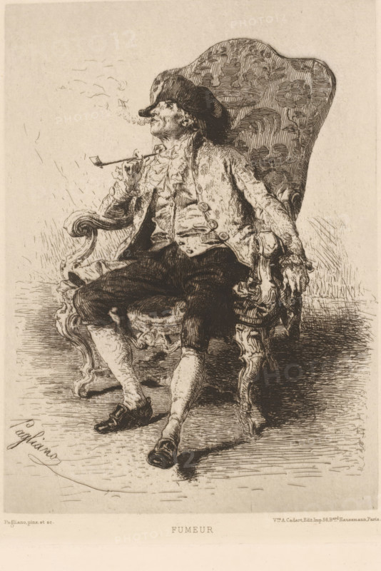 Fumeur, Pipe smoking man in chair, L'eau-forte en 1879, French etching from 1879, print, Series number, 20, 30, collector's mark: 'AFE v S', printmaker: Eleuterio Pagliano, publisher: widow Alfred Cadart, Paris, 1879, paper, etching, drypoint, intaglio printmaking technique, height 240 mm x width 178 mm, pipe, tobacco, sitting figure, A seated man wearing a tricorn hat and an ornate coat with large buttons reclines in a carved armchair with a patterned high back, holding a long pipe to his mouth with one hand while smoke curls outward, his other hand rests on the chair arm, his legs are crossed at the knee and he wears breeches, stockings, and buckled shoes, the image rendered in detailed etched lines on a light background.