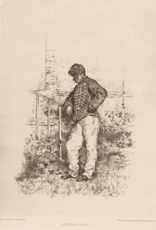 Waiting soldier, Viendra-t-elle?, L'eau-forte en 1879, French etching from 1879, print, Series number, 24, 30, watermark, collector's mark: 'AFE v S', printmaker: Etienne Prosper Berne-Bellecour, publisher: widow Alfred Cadart, Paris, 1879, paper, etching, drypoint, intaglio printmaking technique, height 277 mm x width 197 mm, the soldier, the soldier's life, one lover waiting for the other, A sepia-toned sketch of a man standing outdoors beside a wooden railing and a low fence, wearing a hat and a jacket with decorative braiding on the front, his head tilted downward and one arm resting on the railing while the other is placed on his hip; he wears light-colored trousers and dark shoes, and stands on grass surrounded by foliage and flowering plants with a brick wall or building faintly suggested behind him.