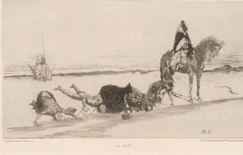 The thirst, Figures drinking by a spring in the desert, French etchings from 1879, L'eau-forte en 1879, print, Series number, 28, 30, watermark, collector's mark: 'AFE v S', printmaker: Benjamin Constant (1845-1902), publisher: widow Alfred Cadart, Paris, 1879, paper, etching, drypoint, intaglio printmaking technique, height 168 mm x width 277 mm, thirst, desert, A wide pale scene shows a stretch of flat ground meeting a faint horizontal line in the distance. Near the right edge a figure cloaked in layered robes sits astride a tall horse facing left, the horse drawn with fine lines and a bridle or reins visible; the rider’s head is covered with a hood or wrap. Closer to the center a person kneels or bends low beside a cluster of animals lying on the ground; the animals are depicted in various sprawled postures with textured shading and visible limbs, and one animal appears to have its head turned toward the viewer. Toward the left a seated figure wrapped in cloth sits facing the horizo...