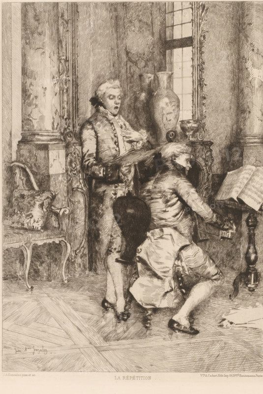 La répétition, Two men making music, L'eau-forte en 1879, French etching from 1879, print, Series number, 29, 30, collector's mark: 'AFE v S', watermark, printmaker: Juan Antonio González, publisher: widow Alfred Cadart, Paris, 1879, paper, etching, drypoint, intaglio printmaking technique, height 275 mm x width 199 mm, vocal music, singing, A detailed monochrome scene shows an interior with two men in period clothing engaged with music; one man stands with a hand to his chest and an open book held in front of him while the other kneels at a music stand, turned toward a keyboard instrument and looking at sheet music. The room features ornate carved columns and decorative moldings, a large vase on a mantel or sideboard, an upholstered chair with a patterned cushion, patterned parquet flooring, and a tall window with panes letting light into the space. The clothing includes knee-length coats, breeches, stockings, and buckled shoes, and a bowed string instrument rests against the standing...