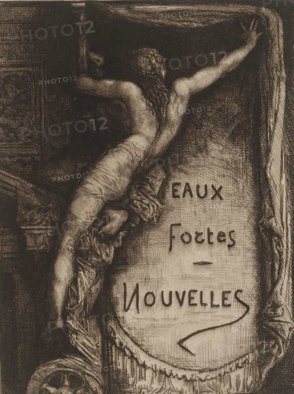 Eaux Fortes Nouvelles, Title print with naked woman revealing title, French etchings from 1880, L'eau-forte en 1880, print, title print, watermark, collector's mark: 'AFE v S', printmaker: François Nicolas Chifflart, publisher: widow Alfred Cadart, Paris, 1880, paper, etching, drypoint, intaglio printmaking technique, height 318 mm x width 236 mm, veil, A detailed etching shows a nude human figure seen from the back, reaching upward with one arm extended and the other bent, long hair cascading down the spine, musculature and contours rendered with fine crosshatching; the figure is entwined with draped fabric and ornamental scrollwork, set against a textured background with a vertical panel on one side and a curved frame on the other, all executed in dark, closely drawn lines and subtle shading.