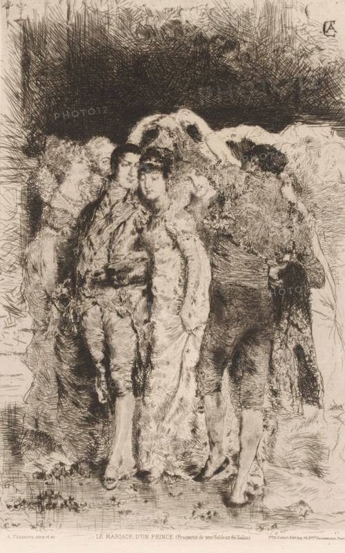 Marriage of a prince, Le mariage d'un prince, French etchings from 1880, L'eau-forte en 1880, print, Series number, 2, 30, collector's mark: 'AFE v S', watermark, printmaker: Antonio Casanova y Estorach, after design by Antonio Casanova y Estorach, publisher: widow Alfred Cadart, Paris, 1880, Antonio Casanova y Estorach, widow Alfred Cadart, printmaker, publisher, paper, etching, drypoint, intaglio printmaking technique, height 297 mm x width 199 mm, prince, betrothal and marriage, A group of people dressed in ornate historical clothing stand closely together in a crowded composition, with a central couple at the forefront; the woman wears a long, flowing gown with a fur-lined mantle and a decorative headpiece, while the man beside her is dressed in a richly textured coat, breeches, and stockings, his hand resting near her waist. Surrounding them are other figures in elaborate attire, some partially obscured, their faces rendered with delicate, soft features and varied hairstyles; one ...