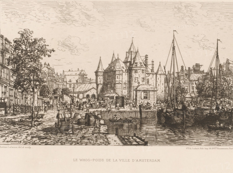 View of the Waag on the Nieuwmarkt, Le wagg-poids de la ville d'Amsterdam, L'eau-forte en 1880, French etchings from 1880, print, Series number, 7, 30, collector's mark: 'AFE v S', watermark, printmaker: Maxime François Antoine Lalanne, after design by Maxime François Antoine Lalanne, publisher: widow Alfred Cadart, Paris, 1880, Maxime François Antoine Lalanne, widow Alfred Cadart, printmaker, publisher, paper, etching, drypoint, intaglio printmaking technique, height 200 mm x width 280 mm, canals, waters (in city), locations for trading, Amsterdam, Waag on the Nieuwmarkt, A detailed ink drawing of a waterfront scene showing a stone building with towers and steep roofs at the center, flanked by rows of narrow buildings and trees along the quayside, with many small boats and larger masts in the water to the right, a busy quay area with carts, barrels, and groups of people engaged in various activities in front of the central building, cobbled streets and quay edges in the foreground, an...