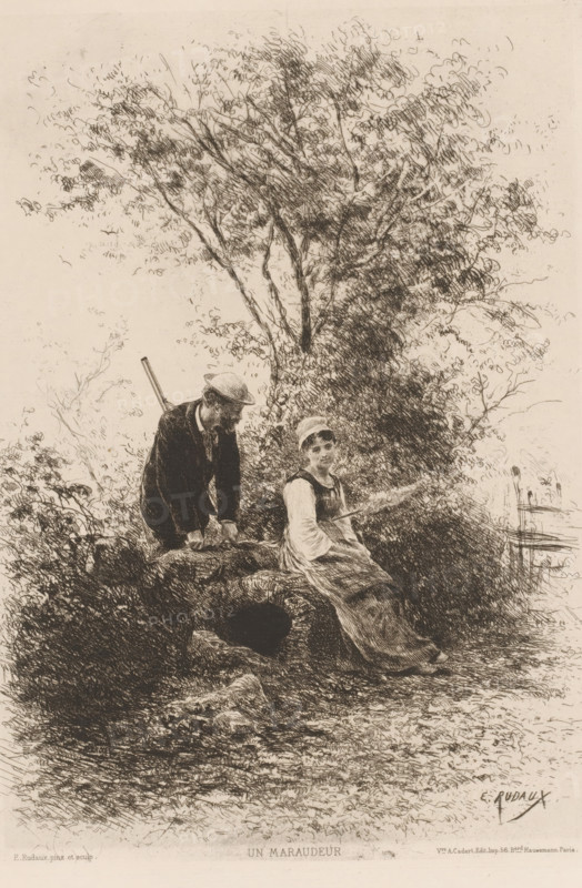 Forest landscape with hunter and a seated young farmer's wife, Un maraudeur, L'eau-forte en 1880, French etching from 1880, print, Series number, 8, 30, watermark, collector's mark: 'AFE v S', printmaker: Edmond Adolphe Rudaux, after design by Edmond Adolphe Rudaux, publisher: widow Alfred Cadart, Paris, 1880, Edmond Adolphe Rudaux, widow Alfred Cadart, printmaker, publisher, paper, etching, drypoint, intaglio printmaking technique, height 278 mm x width 198 mm, farmers - AA - female farmer, farmer's wife, lovers, courting, flirting, hunter, A detailed sepia-toned etching shows two figures seated on a rocky outcrop beneath a leafy tree, one figure wearing a hat and simple dress with sleeves rolled or puffed, seated and holding a long thin object across their lap, the other figure leaning forward with hands resting on the rock and a long stick or rod slung across their back, both surrounded by dense foliage and textured ground, with branches and leaves sketched above and behind them and...