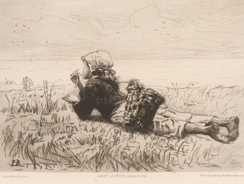 Avant la pèche, Girl lying in the grass, L'eau-forte en 1880, French etching from 1880, print, Series number, 12, 30, collector's mark: 'AFE v S', watermark, printmaker: Pierre-Célestin Billet, publisher: widow Alfred Cadart, Paris, 1880, paper, etching, drypoint, intaglio printmaking technique, height 199 mm x width 273 mm, girl (child between toddler and youth), lying figure - AA - female human figure, A person lies prone on grassy ground facing away from the viewer, wearing a cap and a dark textured coat, with a patterned woven bag or basket beside them and legs stretched out showing rolled trousers and simple footwear; the foreground shows detailed grass and small plants rendered with fine lines, and the middle distance contains low shoreline vegetation and a distant pair of small figures standing near the water; the sky above is wide and pale with wispy, horizontal cloud lines and scattered small birds.