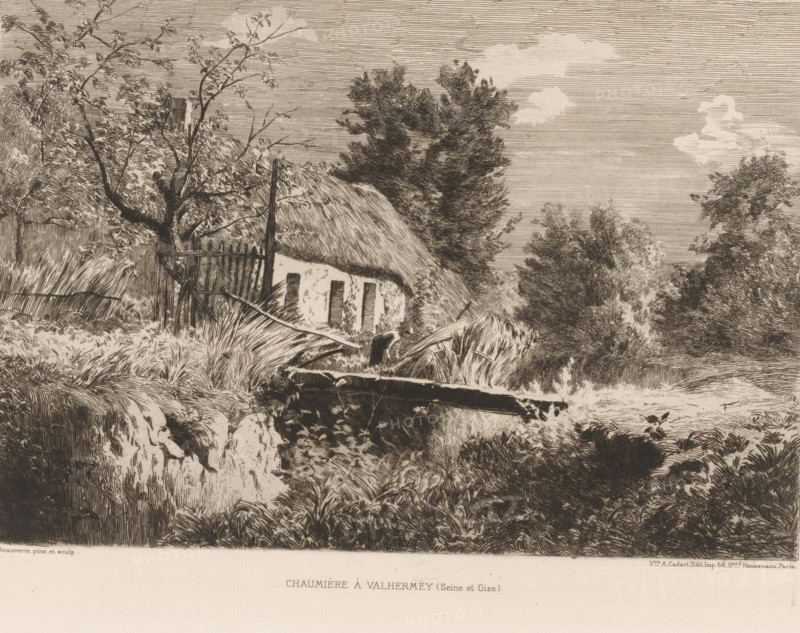 Landscape with farm, Chaumière à Valhermey, French etchings from 1880, L'eau-forte en 1880, print, Series number, 17, 30, collector's mark: 'AFE v S', watermark, printmaker: Charles-Joseph Beauverie, publisher: widow Alfred Cadart, Paris, 1880, paper, etching, drypoint, intaglio printmaking technique, roulette, height 237 mm x width 319 mm, farm or solitary house in landscape, Seine-et-Oise, A detailed landscape etching shows a thatched cottage partially obscured by trees and tall grasses, with a wooden fence and gate nearby and a leaning post beside the cottage; dense foliage and shrubs surround the scene, and a small wooden bridge and a flowing stream cross the foreground while larger trees rise against a lined sky with scattered clouds.