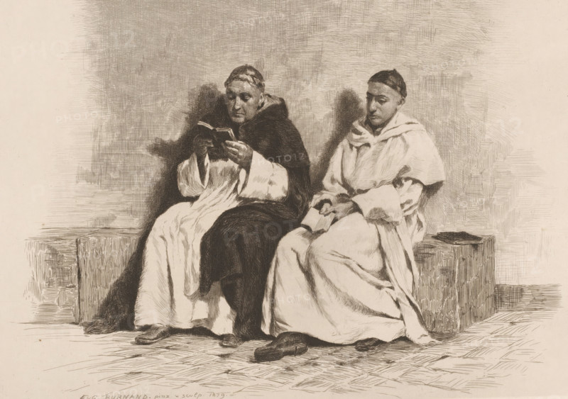 Au couvent, Two seated monks, French etching from 1880, L'eau-forte en 1880, print, Series number, 19, 30, collector's mark: 'AFE v S', watermark, printmaker: Eugène Burnand, publisher: widow Alfred Cadart, Paris, 1880, paper, etching, drypoint, intaglio printmaking technique, height 211 mm x width 292 mm, reading the Bible or other religious books, monk(s), friar(s), Two seated figures in robes occupy the center of the image, both wearing head coverings and long garments that drape over their legs, with one figure holding and looking at an open book while the other holds a closed book on their lap. The left figure's robe appears darker with lighter sleeves and a hooded collar, and the right figure's robe is lighter with folds and a wrapped neckline. Both figures sit on a bench or stone block, and a separate block with a flat object rests beside the right figure. The background is textured with crosshatched shading, and the floor shows linear marks indicating surface texture beneath th...