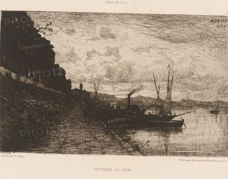 View of the surroundings of Lyon, Environs de Lyon, L'eau-forte en 1880, French etchings from 1880, print, Series number, 21, 30, collector's mark: 'AFE v S', watermark, printmaker: Jacques Barthélemy Appian (Adolphe), publisher: widow Alfred Cadart, Paris, 1880, paper, etching, drypoint, intaglio printmaking technique, height 199 mm x width 278 mm, canals, waters (in city), Lyon, A wide river scene rendered in dark linear etching, with a sloping embankment running along the left foreground and a densely shaded stand of trees rising behind it, a pathway leading toward a distant cluster of low buildings and a small tower silhouette, sailboats and small craft moored along the water with tall slender masts and one boat showing a billowing sail, a steamboat near the center emitting a plume of smoke, rippling reflections and hatchmarked water surface, a sweeping sky filled with swirling, crosshatched cloud formations, and a faint distant shoreline across the river.