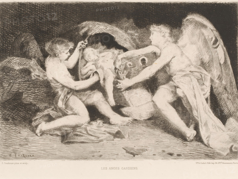 Les anges gardiens, Guardian angels with a sleeping child, L'eau-forte en 1880, French etching from 1880, print, Series number, 24, 30, watermark, collector's mark: 'AFE v S', printmaker: Édouard Toudouze, publisher: widow Alfred Cadart, Paris, 1880, paper, etching, drypoint, intaglio printmaking technique, height 198 mm x width 279 mm, watching a sleeping child, sleeping in bed, guardian angel, A monochrome etching shows three winged childlike figures arranged across a horizontal scene; two larger figures sit facing each other while holding a smaller sleeping figure between them. The left figure leans forward, one arm supporting the small figure and the other holding a curved object above it, while the right figure reaches toward the small figure with both hands and has a draped cloth around the waist. The small central figure is curled and appears to be asleep, partially covered by a cloth. Large feathered wings rise behind the seated figures, and soft folds of fabric lie beneath and...