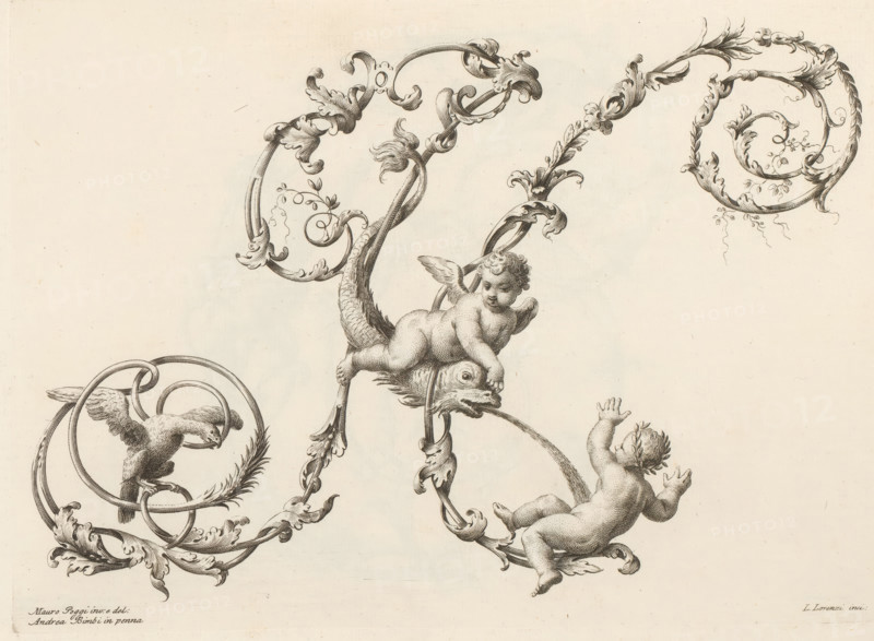 Ornamental letter N, Ornamental alphabet, Alfabeto di lettere inizial, print, album page, decorated with two putti, a bird and a fish. Print is part of an album., printmaker: Lorenzo Lorenzi, Italy, after drawing by Mauro Poggi, after drawing by Andrea Bimbi, 1745 - 1765, paper, etching, engraving, height 226 mm x width 315 mm, This print is part of a series of 24 prints (title print) with ornamental letters., letters, alphabet, script, fancy letters, A cream-colored sheet with ornate ink illustrations showing curling acanthus-like scrollwork and spiraling framed shapes, a cherubic figure with small wings reclining on a stylized fish head and gripping a ring, another cherub reaching upward with a laurel wreath on its head, a bird perched within a looping circular frame, detailed feather and leaf motifs, and decorative curving stems and flourishes.