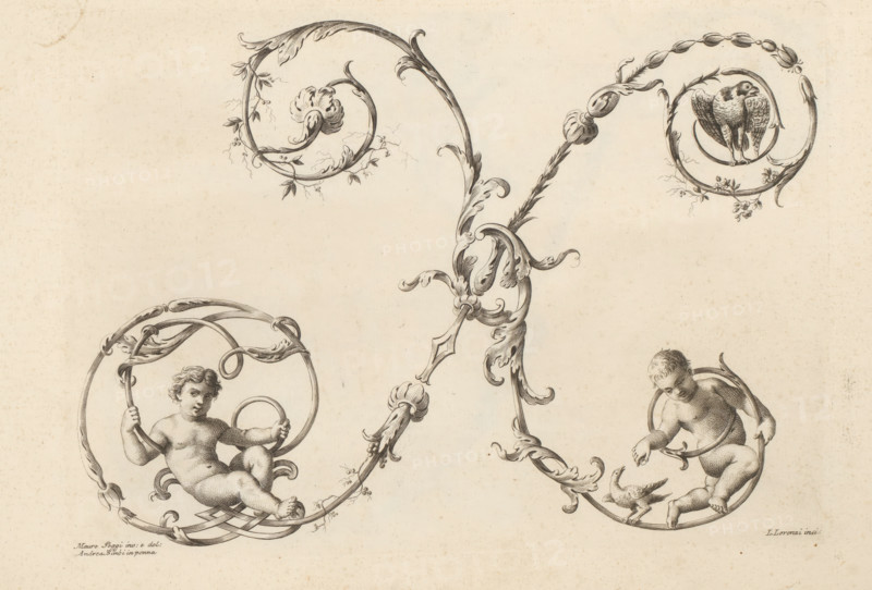 Ornamental letter X, Alfabeto di lettere inizial, Ornamental alphabet, print, album page, decorated with a bird and two naked boys. Print is part of an album., printmaker: Lorenzo Lorenzi, Italy, after drawing by Mauro Poggi, after drawing by Andrea Bimbi, 1745 - 1765, paper, etching, engraving, height 225 mm x width 315 mm, This print is part of a series of 24 prints (title print) with ornamental letters., letters, alphabet, script, fancy letters, A sepia-toned engraving shows ornate curling vine-like scrollwork with acanthus leaves and bulbous buds forming circular frames; within one circular frame a winged bird stands and within two other circular frames chubby nude putti sit, one holding a curved band and the other reaching toward a small bird on the ground; delicate tendrils and small leaves decorate the scrolls and the background is a plain aged paper.