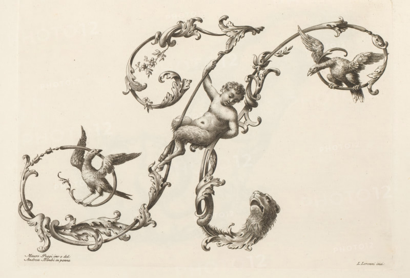 Ornamental letter H, Alfabeto di lettere inizial, Ornamental alphabet, print, album page, decorated with two birds, a lion's head and a young satyr. Print is part of an album., printmaker: Lorenzo Lorenzi, Italy, after drawing by Mauro Poggi, after drawing by Andrea Bimbi, 1745 - 1765, Lorenzo Lorenzi, Mauro Poggi, Andrea Bimbi, printmaker, after drawing by, paper, etching, engraving, height 225 mm x width 315 mm, This print is part of a series of 24 prints (title print) with ornamental letters., letters, alphabet, script, fancy letters, A decorative engraving on a light background showing ornate scrolling acanthus motifs forming circular shapes, with a cherubic figure suspended by a curved leafy stem, the figure depicted with curly hair and a soft rounded torso and legs, two birds perched or flying within circular frames created by the scrollwork, and a detailed animal head with an open mouth emerging from the lower scroll, all rendered in fine engraved line work and shading.