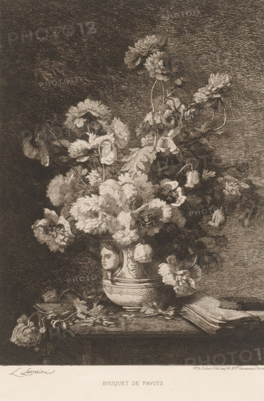 Bouquet de pavots, Still life with flowers, L'eau-forte en 1880, French etchings from 1880, print, Series number, 26, 30, collector's mark: 'AFE v S', watermark, printmaker: Louis Marie Lemaire, publisher: widow Alfred Cadart, Paris, 1880, paper, etching, drypoint, intaglio printmaking technique, height 278 mm x width 199 mm, flowers in a vase, A detailed monochrome etching of a densely packed bouquet of large, layered flowers with ruffled petals and drooping buds arranged in an ornate round vase with a human face motif, the vase resting on a wooden table surface scattered with fallen petals and stems and an open book lying nearby, all set against a heavily textured, crosshatched background.