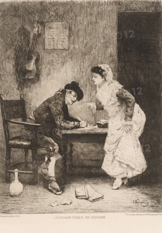 Woman dictating a letter to a writing man, L'écrivain public en Espagne, French etchings from 1880, L'eau-forte en 1880, print, Series number, 27, 30, collector's mark: 'AFE v S', watermark, printmaker: Jules James Rougeron, after design by Jules James Rougeron, publisher: widow Alfred Cadart, Paris, 1880, Jules James Rougeron, widow Alfred Cadart, printmaker, publisher, paper, etching, drypoint, intaglio printmaking technique, height 258 mm x width 199 mm, writing and letters, author, poet dictating, Spain, A monochrome etching shows an interior scene with a seated man leaning over a table writing while a standing woman in a patterned dress and headscarf leans forward pointing toward the paper, a chair and a guitar hanging on the wall behind them, a dark doorway to the right, scattered papers and closed books on the floor near a jug, and finely crosshatched shading throughout the walls and floor.