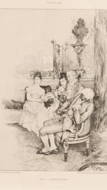Chez l'impressario, Salon with four seated women and men, French etchings from 1880, L'eau-forte en 1880, print, Series number, 29, 30, watermark, collector's mark: 'AFE v S', printmaker: Juan Antonio González, after design by Juan Antonio González, publisher: widow Alfred Cadart, Paris, 1880, Juan Antonio González, widow Alfred Cadart, printmaker, publisher, paper, etching, drypoint, intaglio printmaking technique, height 279 mm x width 198 mm, the arts, artists, sitting figure, A monochrome sketch of an interior scene showing four seated figures on ornate furniture; two women in light dresses sit on a cushioned bench at the left, one holding a fan and the other with her hands resting in her lap, and two men in period clothing sit to the right on carved chairs, one leaning back with a turned head and the other sitting more upright with hands clasped; behind them are decorative architectural elements including a carved mantel or panel, a tall sculpted bust on a pedestal and an ornate w...