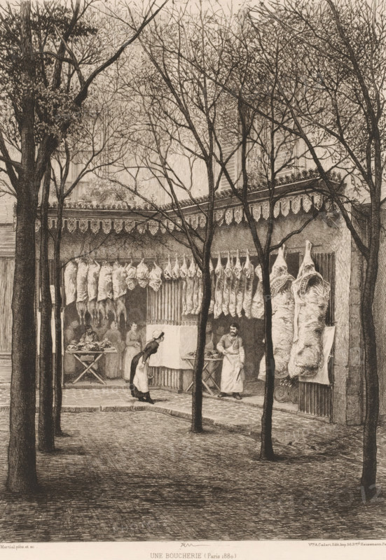Une boucherie, Butcher's shop, French etchings from 1881, L'eau-forte en 1881, print, Series number, 6, 30, collector's mark: 'AFE v S', printmaker: Adolphe Martial Potémont, after design by Adolphe Martial Potémont, publisher: widow Alfred Cadart, Paris, 1881, Adolphe Martial Potémont, widow Alfred Cadart, printmaker, publisher, paper, etching, drypoint, intaglio printmaking technique, height 309 mm x width 238 mm, butcher, slaughterman, slaughtered ox or pig, A street scene showing the front of a shop with carcasses and sides of meat hanging from hooks under a decorative awning, framed by bare-branched trees in the foreground; a woman in a dress and apron leans forward toward the shop while a man in an apron stands near the entrance, and other figures are visible inside near tables with more meat; cobbled pavement leads up to the shop and tall trunks and thin branches create a lattice over the view.