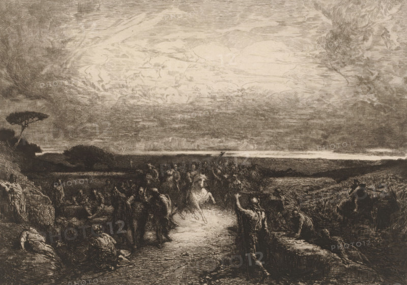 Dans les campaignes de Rome, Landscape with rider in a crowd, French etchings from 1881, L'eau-forte en 1881, print, Series number, 7, 30, collector's mark: 'AFE v S', printmaker: François Nicolas Chifflart, publisher: widow Alfred Cadart, Paris, 1881, paper, etching, drypoint, intaglio printmaking technique, height 201 mm x width 278 mm, riding a horse, ass, or mule, rider, horseman, plain, military parade, pageant, Rome, A wide tonal etching showing a dramatic sky filled with sweeping, textured clouds above a dark horizontal horizon, with a luminous band of light near the horizon; below the sky a crowded scene of many shadowed figures and horses moves toward the foreground along a central path, figures rendered in varied poses with some gesturing and others seated or reclining at the edges, clustered groups of people and animals creating dense silhouettes against the lighter path; on the left a lone tree with a flat canopy rises from a darkened slope, while rocky and vegetated forms ...